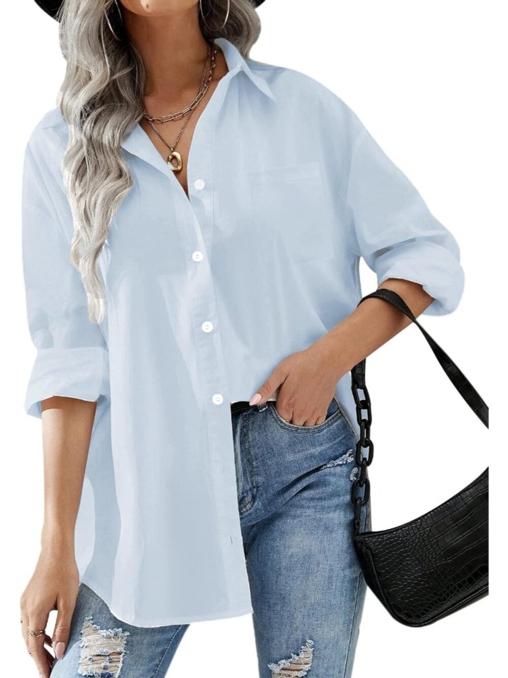 Women Oversized Button Down Shirts Long Sleeve Blouses with Pocket
